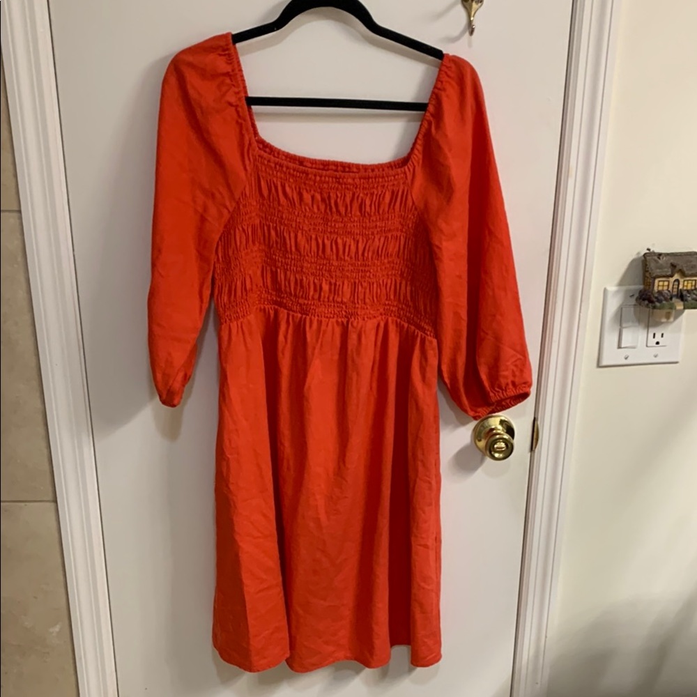 Isabel Red Smocked Tiered Sundress with Bishop Sleeves- linen blend